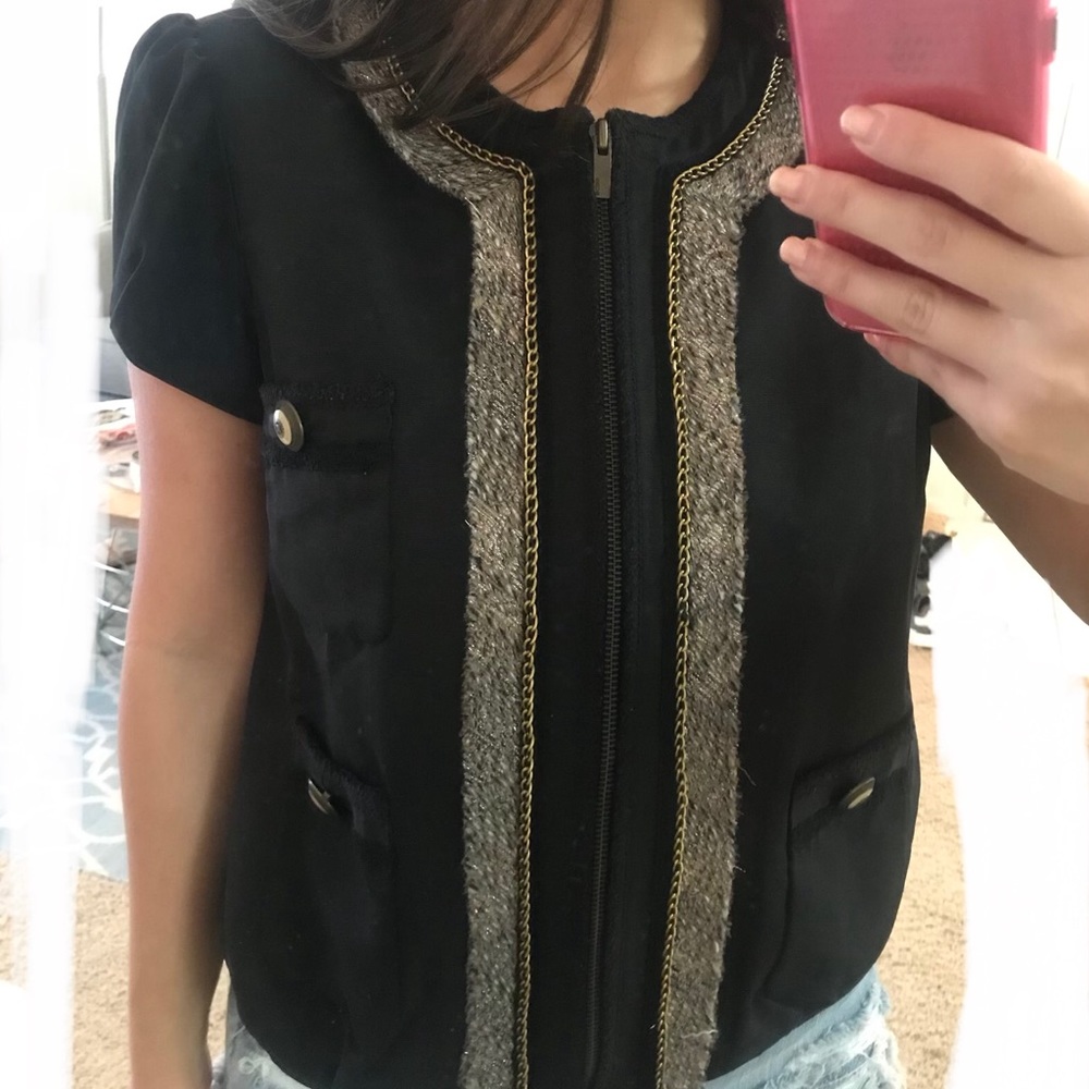 BCBG short sleeve chain & fabric decorated jacket